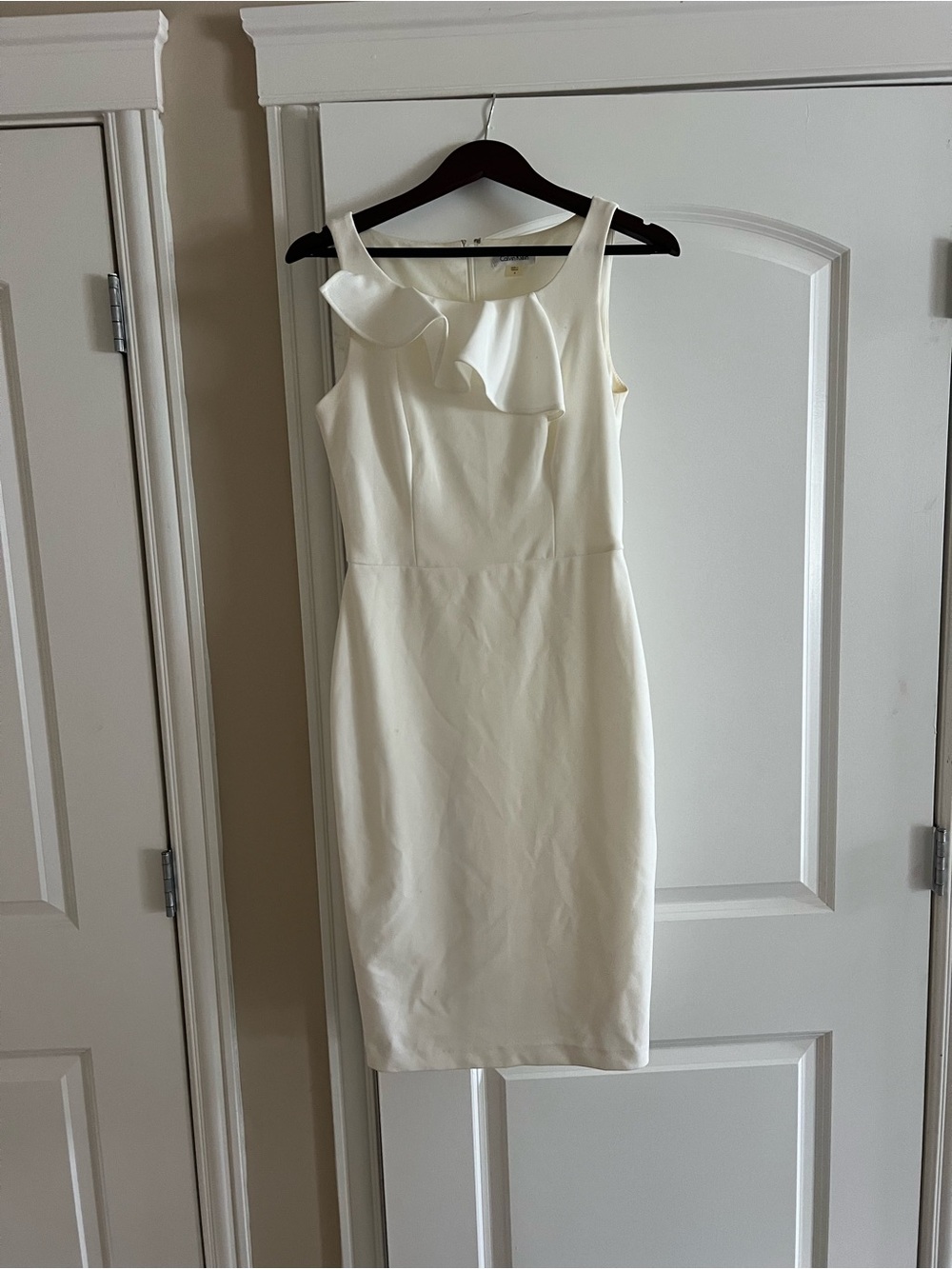 Sleeveless Cream Ruffle Sheath Dress